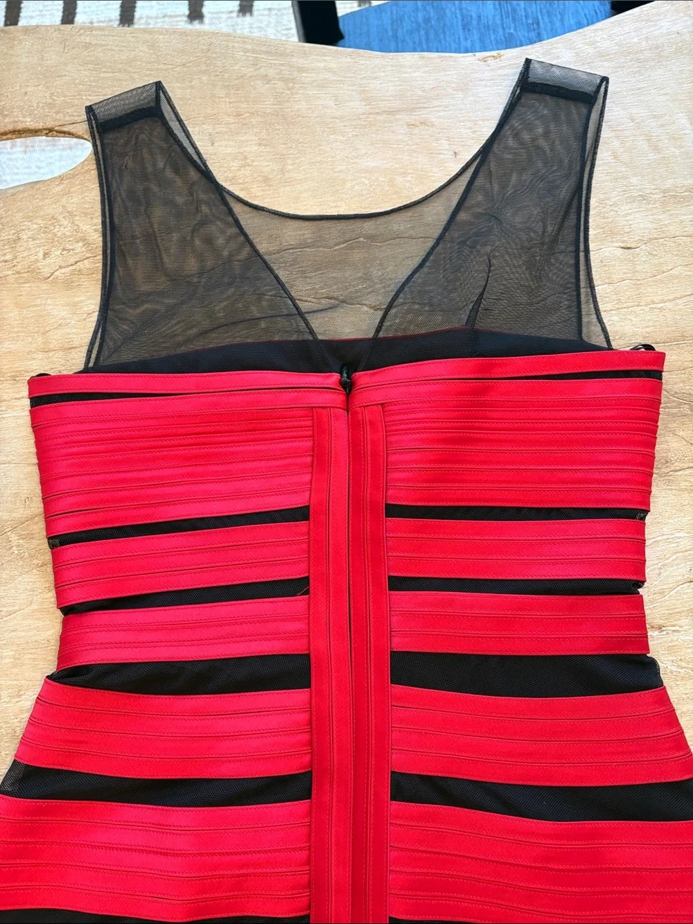 BCBGMaxAzria Red and Black Mesh Bandage Bodycon Dress Size 2